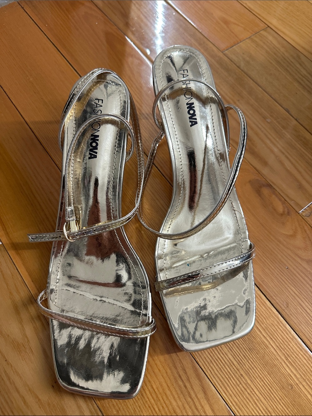 Fashion Nova Metallic Silver Strappy Square-Toe Heels